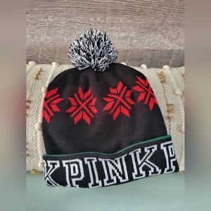 Victoria's Secret PINK Knit Hat Winter Snowflakes Christmas
